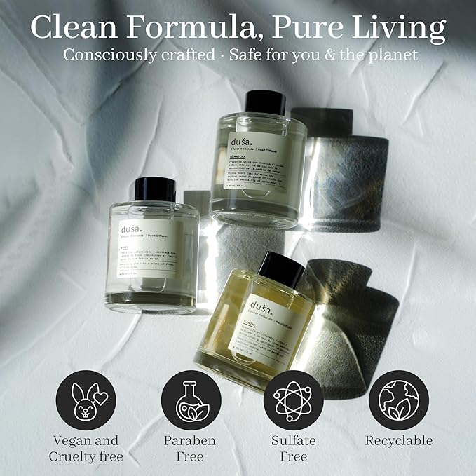 Duša Baies Scented Reed Diffuser & Sticks – 5 Fl Oz Essential Home Fragrance for Bathroom, Office & Living Spaces –Stylish & Long-Lasting Room Air Freshener –Ideal for Housewarming & Special Occasions