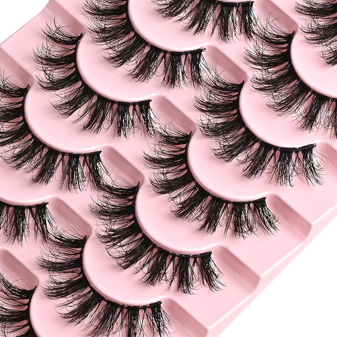 FARRED Fluffy Lashes Natural Eyelashes Short Wispy Eye Lash Strips 7 Pairs Separated Volume Eyelash Pack 16mm Dramatic Wispies Fake Strip Lashes Clusters Cat Eye Pestañas Spiky Look (A17 | 9-16MM)