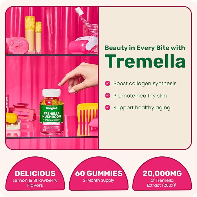 Fungies Tremella Mushroom Gummies, Mixed Strawberry & Lemon Flavor - Mushroom Herbal Supplement Gummy for Adults Supports Collagen Synthesis, Healthy Skin & Healthy Aging - Beauty Gummies 60 Servings