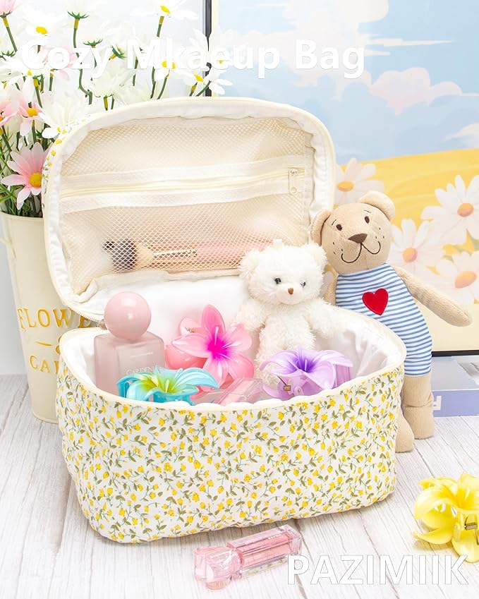 PAZIMIIK 3PCS Makeup Bag SET Large Travel Quilted Zipper Soft Cosmetic Case Pouch for Women Girls Make Up,Floral Yellow