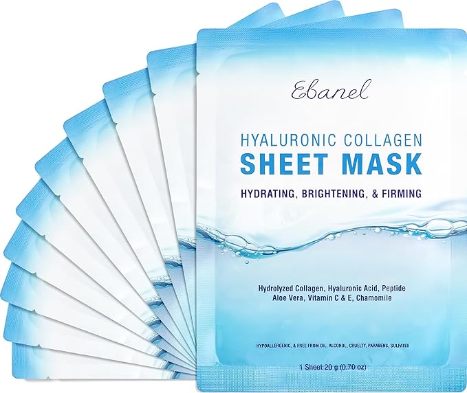Ebanel 10 Pack Collagen Face Mask with Hyaluronic Acid, Vitamin C, Peptide, Aloe, Instant Brightening Hydrating Face Masks Skincare Korean Sheet Mask, Skin Firming, Lifting Anti Aging Facial Masks