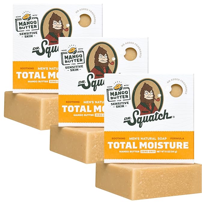 Dr. Squatch NEW Total Moisture Bar Soap for Men - No Added Fragrance Formulated for Sensitive Skin - Mango Butter (5 oz, 3-pack)
