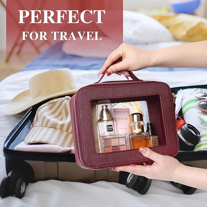 Pinkmik Clear Makeup Bag for Women Waterproof Travel Cosmetics and Toiletries Case Portable Makeup Oaganizer Bag Clear Car Bag with Zipper (X/Burgundy, M+L)