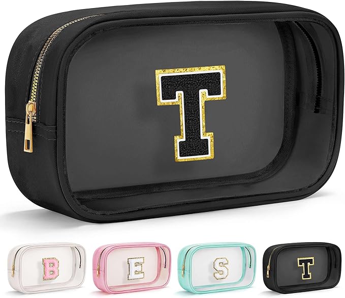 YOOLIFE Travel Toiletry Bag for Women, Black Clear Makeup Bag Cute Make Up Bag for Women Cosmetic Bags Skin Care Makeup Bag Organizer Birthday Gifts for Women Teacher Mother Girlfriend Initial T
