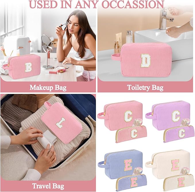 Personalized Initial Makeup Bag Trendy Stuff Corduroy Cosmetic Bag Travel Toiletry Bag for Women, Christmas/Thanksgiving/Halloween Gifts Makeup Organizer Case for Teen Girls Mom Girlfriend Wife - Pink