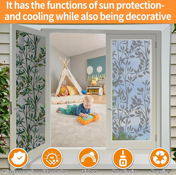 One Way Privacy Film, Window Tint for Home,Daytime Reflective, Anti UV Static Cling Sliding Door Coverings No Glue Garage Solar Paper (Black - Silver-Leaves, 45.27 x 78.7 in)