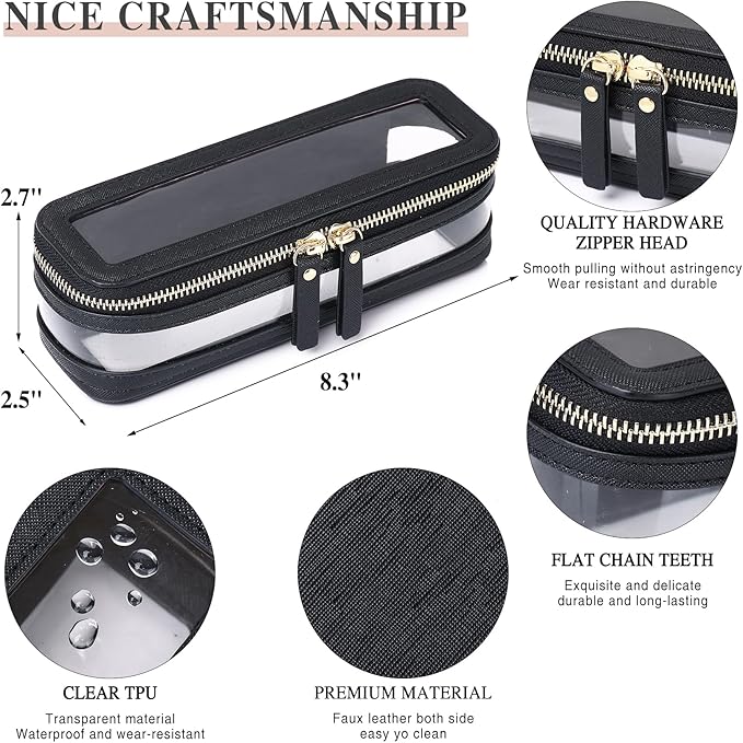 Pinkmik Travel Makeup Bag Set Portable Clear Cosmetic & Toiletry Case Women's Purse Organizer and Car Essentials with Zipper (Black, M+SLIM-2)