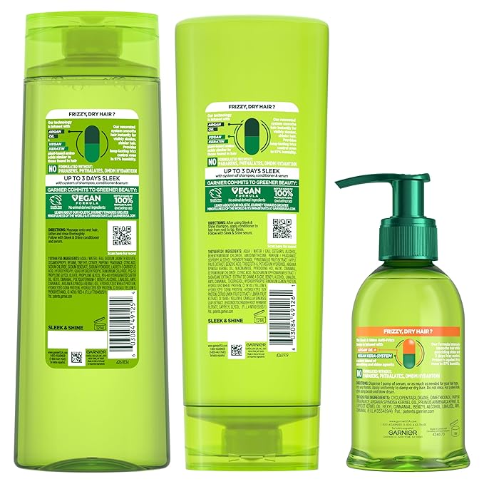 Garnier Fructis Sleek & Shine Shampoo, Conditioner + Anti-Frizz Serum Set for Frizzy, Dry Hair, Argan Oil (3 Items), 1 Kit (Packaging May Vary)