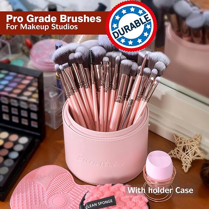 Bueart Design Labeled 30Pcs Professional Deluxe Makeup Brushes set with Extra large holder case for Foundation Face Blending Blush Concealers Eyeshadow