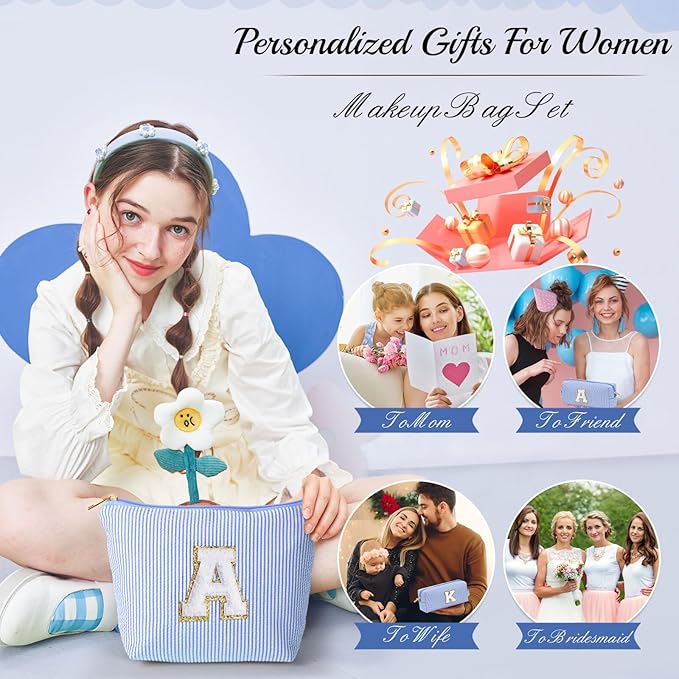 YOOLIFE Birthday Gifts for Women Teen Girls - Birthday Gifts Idea for Friend Female | Cute Blue Makeup Bag Pouch Cosmetic Bag Travel Toiletry Bag for Her Mom Girlfriend Wife Bridesmaid Teenage I