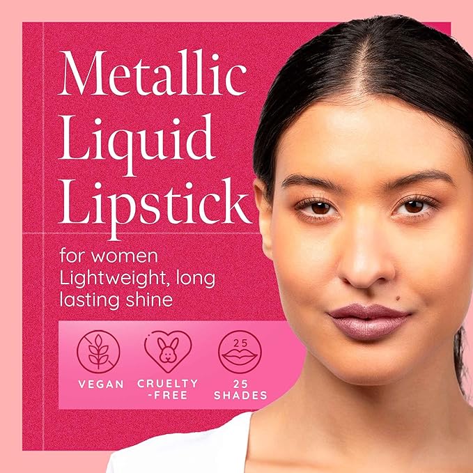 Aromi Dusty Rose Metallic Liquid Lipstick, Rosy Pink Lip Color for Women, Shimmery Finish, Long Lasting, Waterproof, Vegan (Pixie Dust)