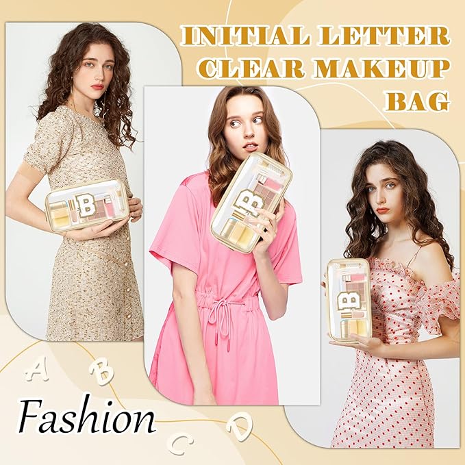 Personalized Initial Letter Clear Makeup Bag,Preppy Small Nylon&PVC Cosmetic Zipper Bag with Chenille Letter,Portable Beach Travel Skincare Toiletry Bag,Trendy Monogram Gift for Teen Girls Women,B