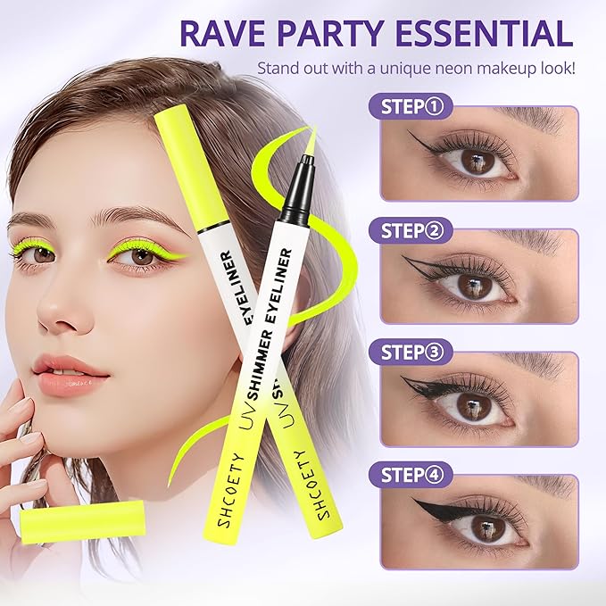 Metallic Neon Liquid Eyeliner, Glitter Neon Colored Eyeliners Pen, High Pigmented, Waterproof Smudge-Proof and Long-Lasting Metallic Eye Makeup for Halloween Christmas,Shimmer Yellow
