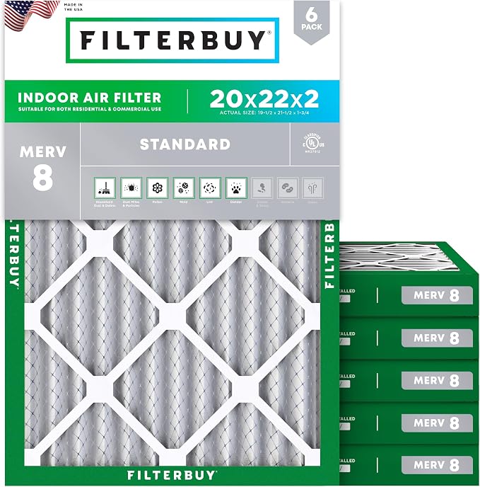 Filterbuy 20x22x2 Air Filter MERV 8 Essential Dust & Allergy Defense, by Filterbuy