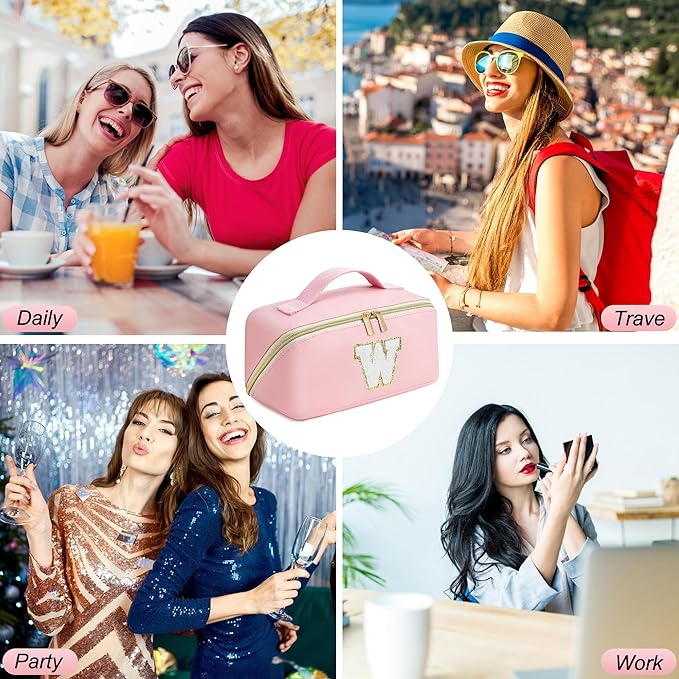 for Christmas Day Gifts, Makeup Bag for Women, PU Leather Travel Toiletry Bags, Initial Make Up Cosmetic Pouch for Teen Girls, Wide Open Portable Skincare Bag, Personalized Birthday Gifts, Pink G