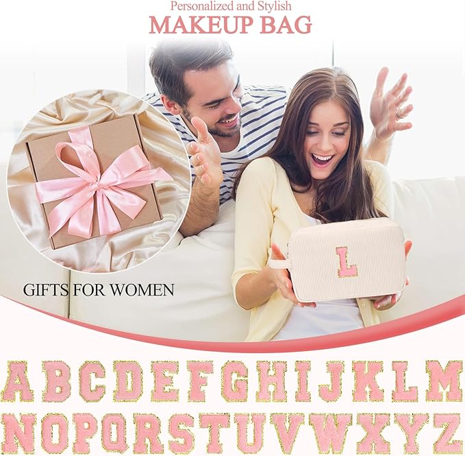 Personalized Initial Makeup Bag Trendy Stuff Corduroy Cosmetic Bag Travel Toiletry Bag, Christmas/Thanksgiving/Halloween Gifts Makeup Organizer Case for Women Girls Mom Girlfriend Wife - White