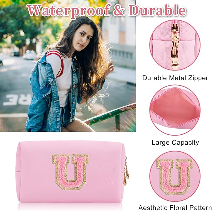 Personalized Initial Letter Patch Makeup Bag, Preppy Small Chenille Letter Cosmetic Bag with Zipper, PU Leather Waterproof Travel Toiletry Bag Monogram Make Up Pouch for Women Girls(Letter U)