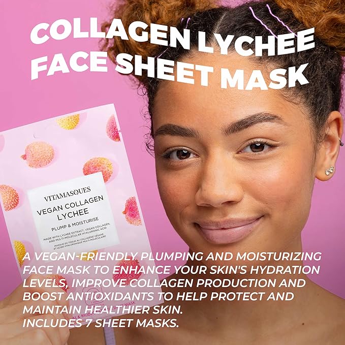 Vitamasques Korean Collagen Face Mask - Hydrating & Moisturizing Korean Sheet Mask with Lychee & Hyaluronic Acid - Vegan Facial Skincare for Firming, Plumping & Skin Care - 7 Pack