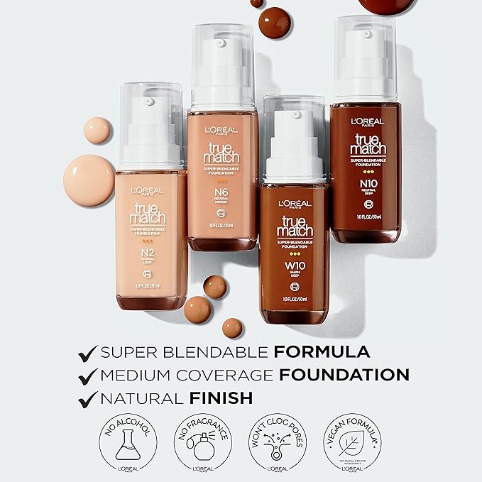 L'Oréal Paris True Match Super-Blendable Foundation, Medium Coverage Liquid Foundation Makeup with SPF 17, C9.5, Deep, 1 Fl Oz (Pack of 2)