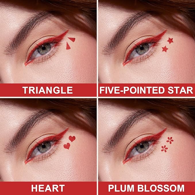 4PCS Red Eyeliner Pen Set, Eyeliner Stamp, Double-headed Red Liquid Eye liner Pencil for Women Eye&Lip Liner Professional Waterproof Halloween Makeup, Star,Triangle,Flower,Heart