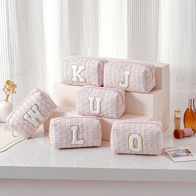 JOVAKIT Alphabet Makeup Bag Cosmetic Bag for Women, Christmas Gifts for Girls Age 6-18, Floral Flowers Coquette Travel Toiletry Zipper Make Up Pouch Organizer Trendy Stuff (Pink Floral U)