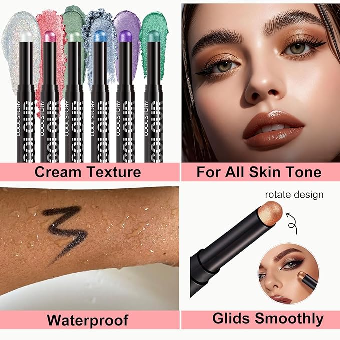 White Shimmer Eyeshadow, White Cream Glitter Eyeshadow Stick Pencil, Waterproof Long Lasting High Pigment Eye Shadow Crayon Pen, Women Multi-Dimensional Eye Highlighter Stick (19#)