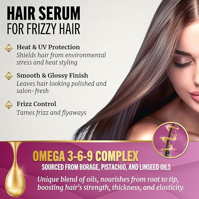 Jenoris Pistachio Oil Hair Serum for Frizzy and Damaged Hair, Lightweight Hair Oil for Dry Hair with Omega 3-6-9 Complex, Anti-Frizz Hair Serum for Shine, Hydration & Split-End Treatment, 1.69 fl.oz