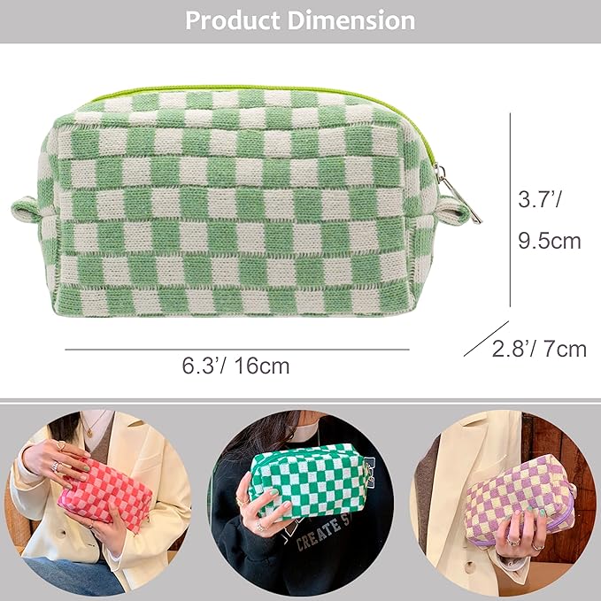 PAZIMIIK Checkered Makeup Bag for Purse Portable Zipper Make Up Pouch Small Cosmetic Case for Travel Accessories (2PCS Light Green)