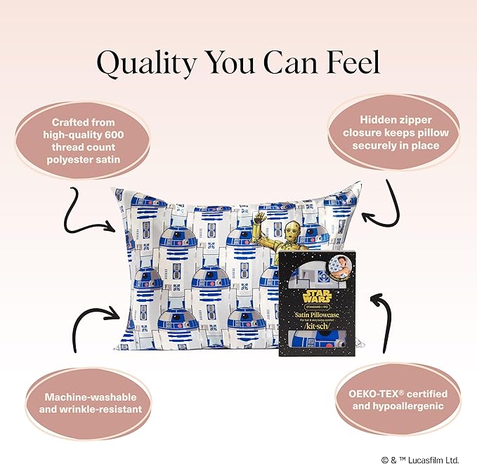 Kitsch x Star Wars R2-D2 & C-3PO Satin Pillowcase | Satin Pillowcase with Zipper, Better Than Silk Pillowcase | Frizz-Reducing Pillow Case for Hair & Skin Care, Cooling & Breathable - Standard