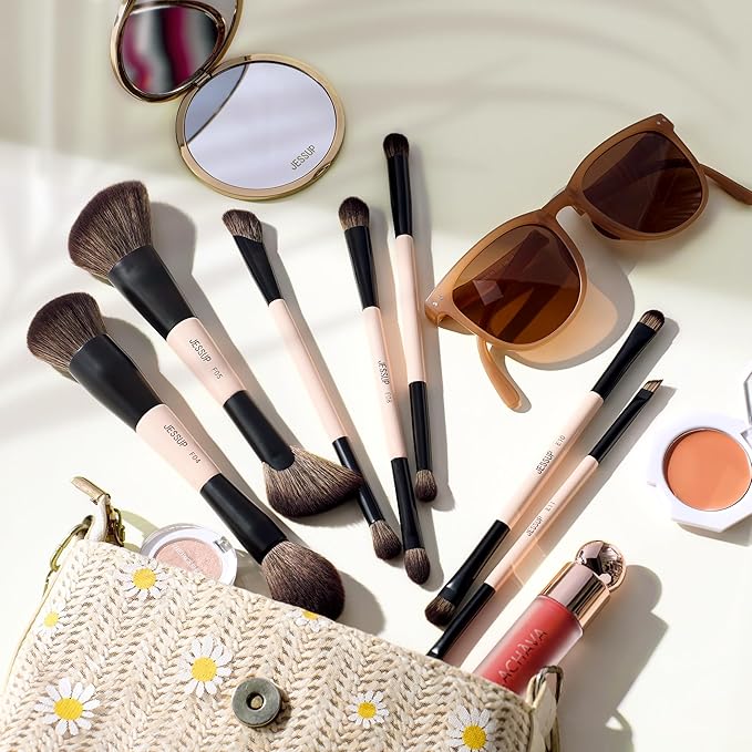 Jessup Makeup Brushes Set 7pcs Double Sided Makeup Brushes for Foundation Concealer Blush Eyeshadow Contour Bronzer Powder Blending Eyebrow Eyeliner, Cruelty-Free Make up Brushes Peach Dust T600