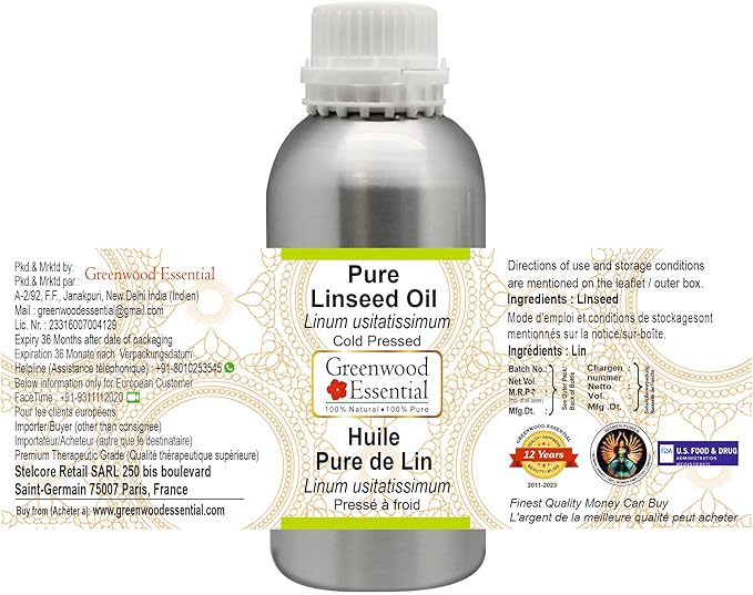 Greenwood Essential Pure Linseed Oil (Linum usitatissimum) Cold Pressed 300ml (10 oz)