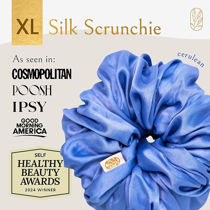 Silk Scrunchies for Women Ponytail Holders – Oversized Mulberry Silk Scrunchies – Extra Large No Damage Hair Ties for Curly, Thick, and Thin - Hair Accessories for Women – Cerulean, XL By Curlfriend