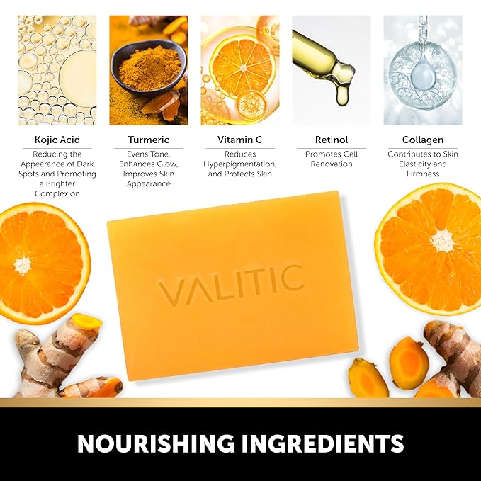 VALITIC Kojic Acid Soap for Hyperpigmentation - with Glutathione, Collagen & Vitamin C - Natural Soap Bars with Turmeric - Original Japanese Complex for Dark Spot Correction - 2 Pack + Holder