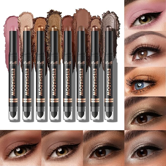 LANGMANNI 8Colors Dual-Ended Cream Eyeshadow Stick Set – Silky Smooth, Waterproof & Transfer-Proof, Built-in Blender Brush, All-Day Matte & Shimmer Wear Eye Makeup(#B)