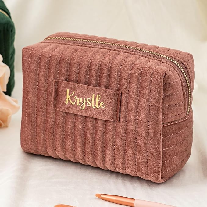 Custom Makeup Bag, Pink Velvet Personalized Cosmetic Bag with Zipper for Women Teen Girls Birthday Gifts Mothers Day Gifts for Mom