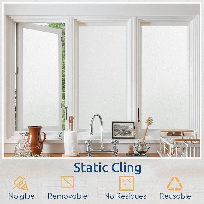rabbitgoo Window Privacy Film, Non-Adhesive Frosted Glass Window Film for Bathroom, Static Cling Heat Blocking Stickers for Home Indoor Opaque Frosting Coverings House Tint, Matte White 35.4" x 78.7"
