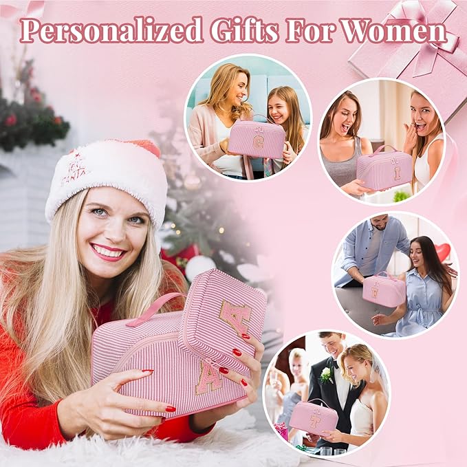 Travel Makeup Bag for Women, 2Pcs Portable Personalized Initial Makeup Organizer Bag, Open Flat Large Cosmetic Bag With Travel Essential Pouch (Pink Letter E)