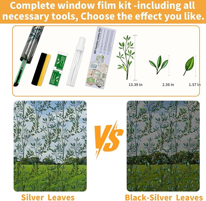 One Way Privacy Film, Window Tint for Home,Daytime Reflective, Anti UV Static Cling Sliding Door Coverings No Glue Garage Solar Paper (Black - Silver-Leaves, 45.27 x 78.7 in)