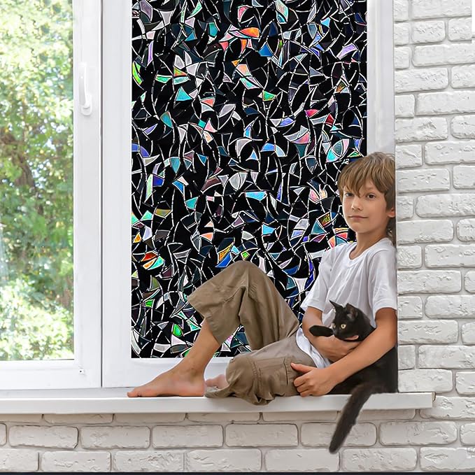 QHY Sunshine Total Blackout Window Film Privacy， Frosted Glass Window Film，Black Window Tint， No Glue， Detachable, no Marks, Suitable for Repeated use (Black Rainbow, 23.6 in X 78.7 in)