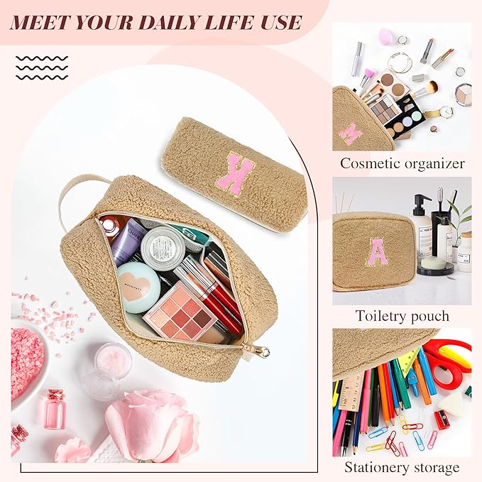 for Christmas Day Gifts, Personalized Initial Cosmetic Bag Pouch for Teen Girls, Preppy Makeup Travel Bags for Daughter Sister Girlfriend, Monogramed Make Up Pouch for Birthday Gifts - Brown F