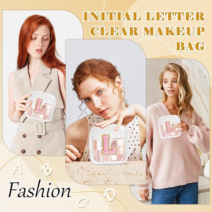Personalized Initial Letter Clear Preppy Makeup Bag,Mini Nylon Chenille Letter Cosmetic Bag Cute Zipper Pouch Purse for Teen Girls,Portable TSA Approved Beach Travel Essentials Bag Gift for Women,L