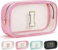 YOOLIFE Initial Make Up Bag Travel Toiletry Bag, Clear Makeup Bag Preppy Cosmetic Bags Organizer Travel Essentials Pink Gifts for Women Teen Girlfriend Teacher Mom Birthday Mothers Day Gifts I