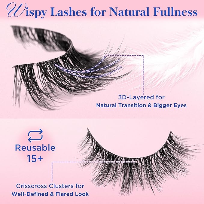 Bepholan Fales Eyelashes 7-14mm Natural Look 3D Volume Eyelashes Pack 5 Pair Soft Thin Black Band Fluffy Fake Lashes Easy to Apply(C0217)