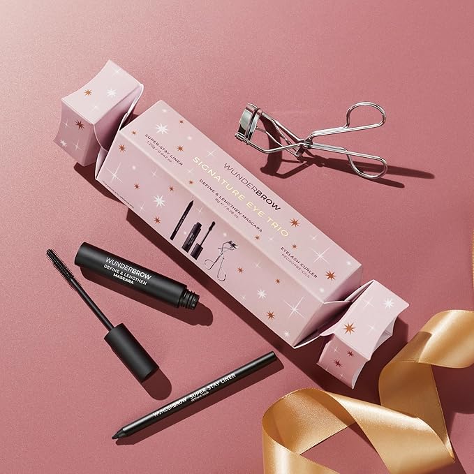 Wunderbrow Signature Eye Trio Festive Cracker, Holiday Gift Set, Includes Mascara, Black Eyeliner and an Eyelash Curler