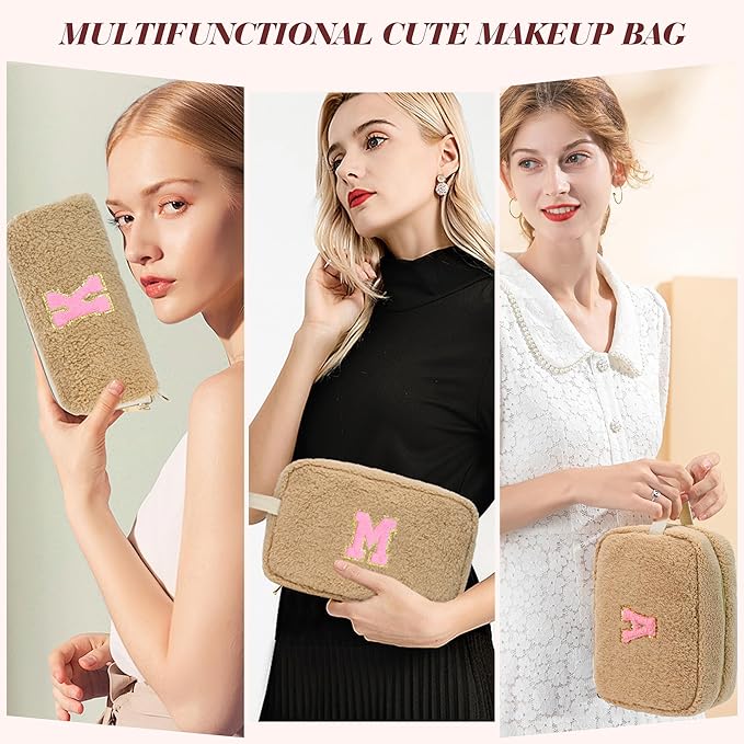 for Christmas Day Gifts, Personalized Initial Cosmetic Bag Pouch for Teen Girls, Preppy Makeup Travel Bags for Daughter Sister Girlfriend, Monogramed Make Up Pouch for Birthday Gifts - Brown F