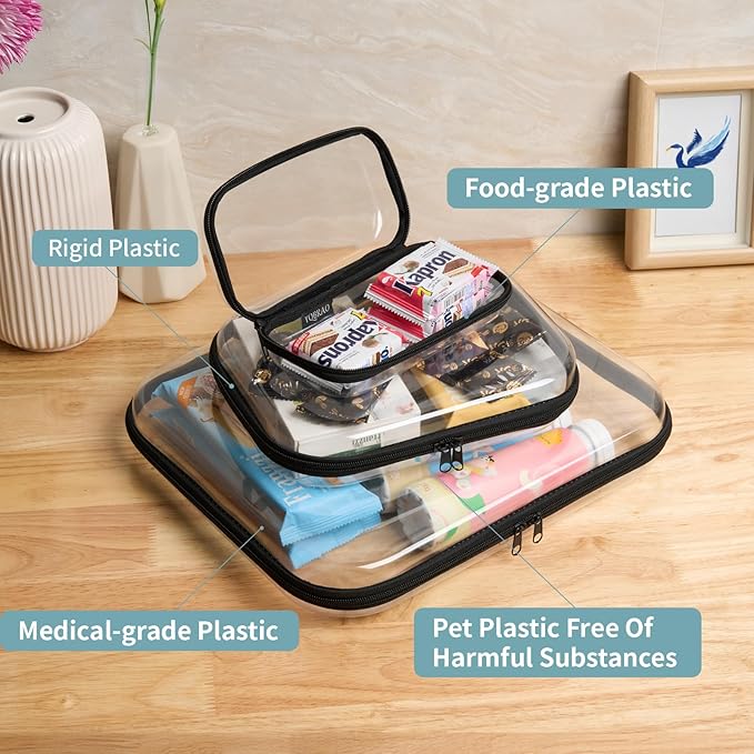 Hard Sided Clear Zipper Case for Storage- Professional-Grade Plastic Clear Zipper Pencil Case,Toy Storage Bins, Toiletry Pouch, Travel Organizer, Cosmetic Bag（Black,3 Pack, LMS）