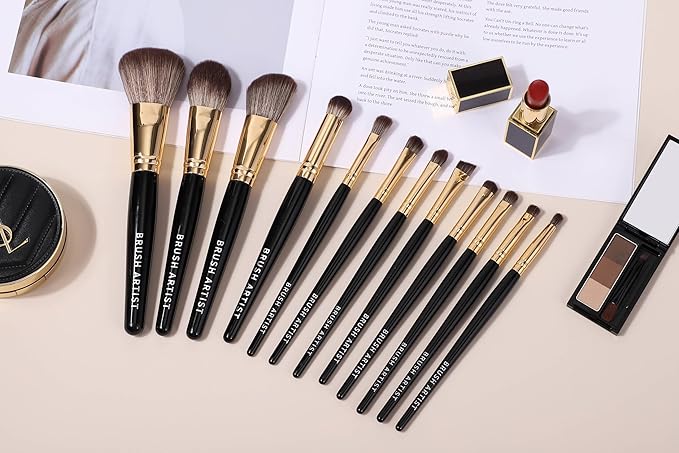 BRUSH ARTIST Black Golden Makeup Brush Set of 12PCs with Cotton Bag, Foundation Sponge, Face Powder Brush, Contour Brush, Blush Brush, Eyeshadow Brushes, Concealer Brush,Premium Synthetic fiber