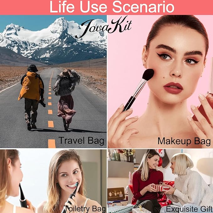 JOVAKIT Makeup Bag Cosmetic Bags for Women, Christmas Gifts for Girls Age 6-18, Alphabet Pink Floral Coquette Zipper Travel Makeup Pouch, Organizer Case Trendy Stuff (Pink+ Blue C)