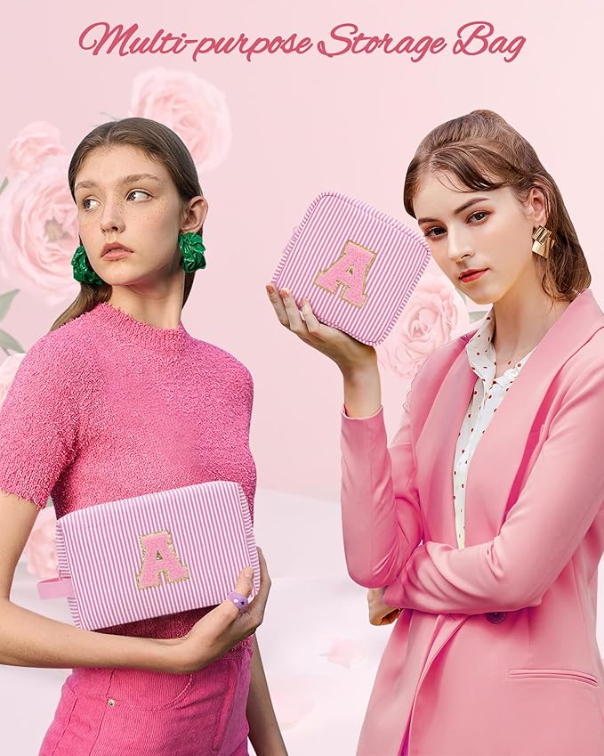 MONSTINA Personalized Initial Makeup Bag for Women,Make Up Case for Girlfriend Bridesmaid Wife,Birthday Gift for Her Cute Toiletry Bag,Pink X
