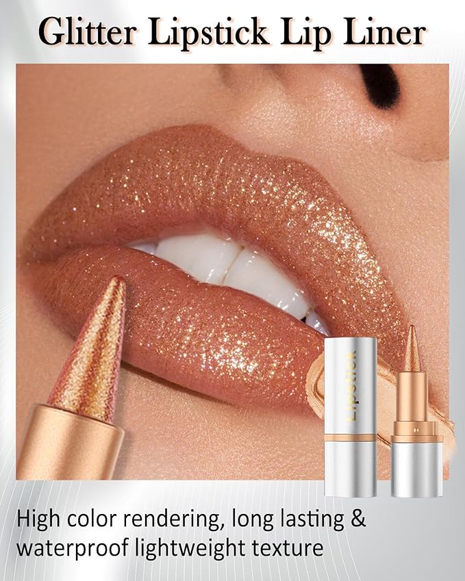 Brown Glitter Lipstick Lip Liner,Shimmer Metallic Matte Long-Lasting Waterproof Non-stick Lip Stain Tint,High Pigmented Lip Gloss Full Coverage lipcolor Pen,Christmas Makeup Gift for Women-05